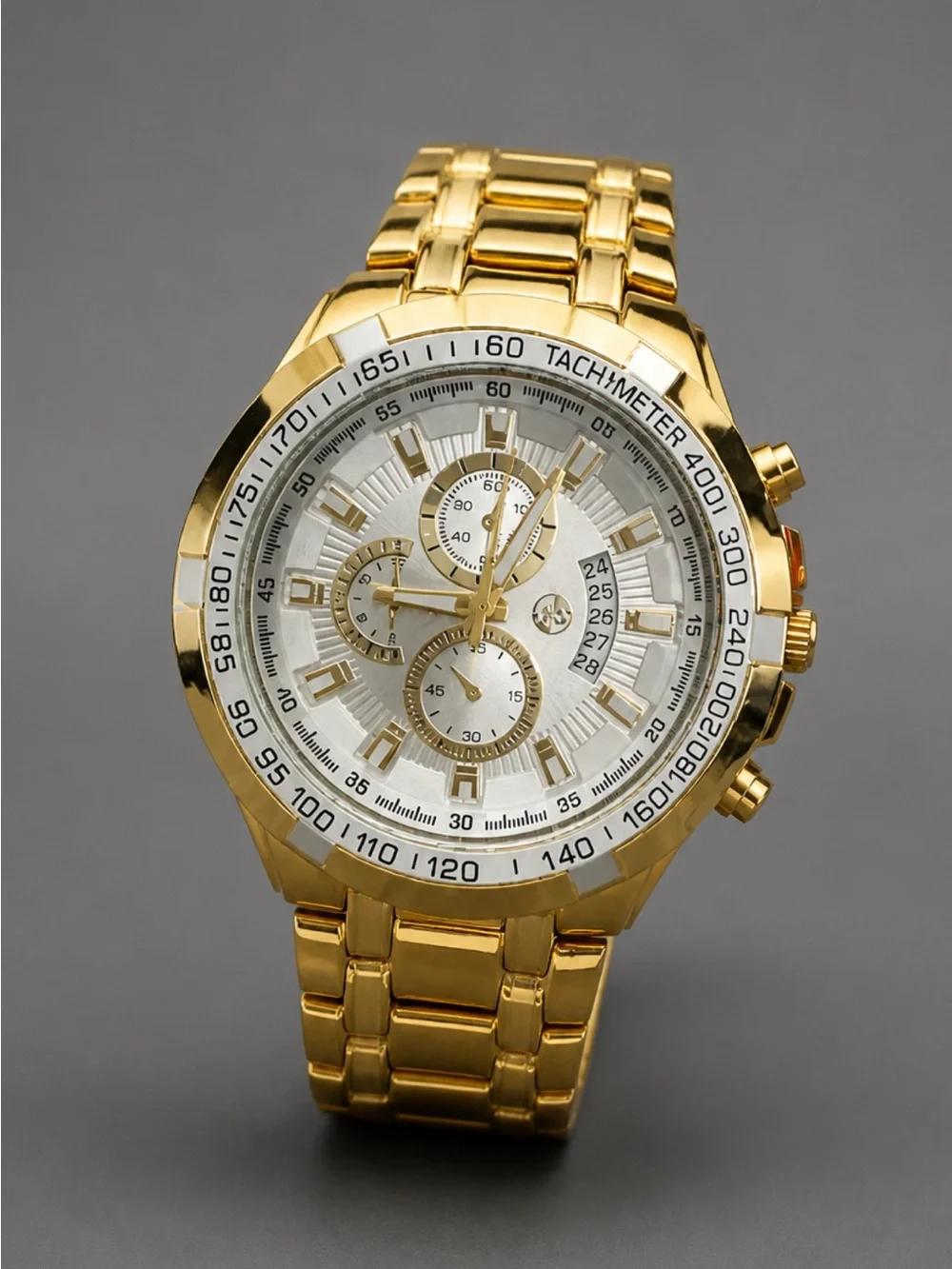 Gold Men's Chronograph Watch with White Dial